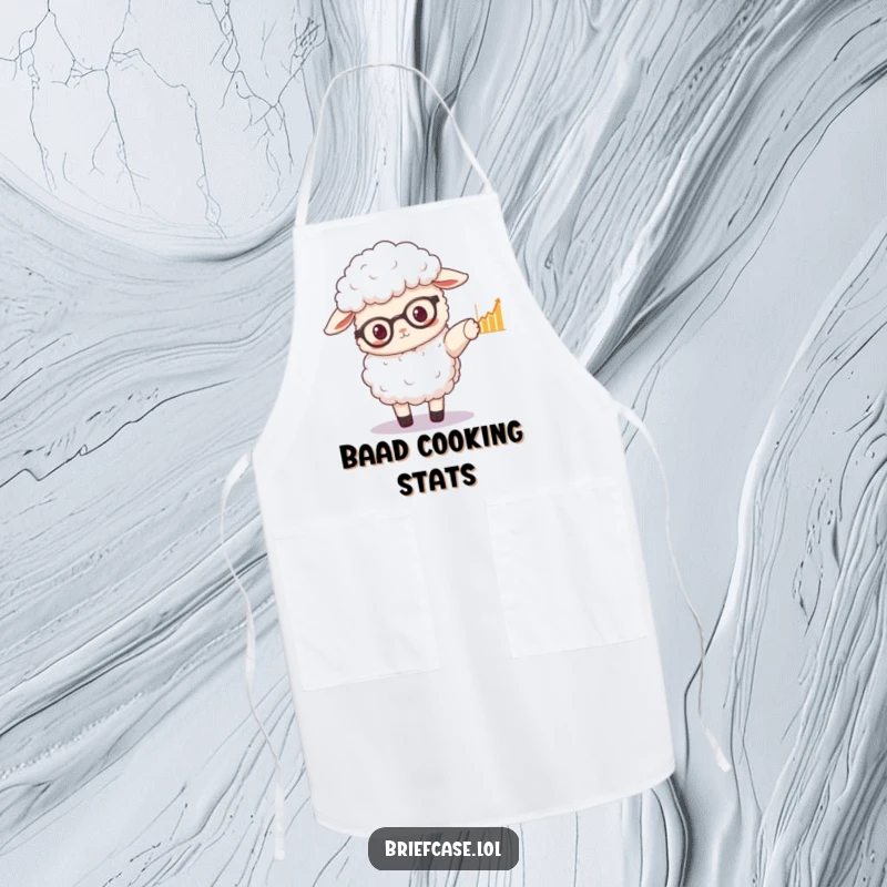 Funny apron showing a fluffy sheep in spectacles pointing to a graph with its hoof, perfect for analytical cooks.