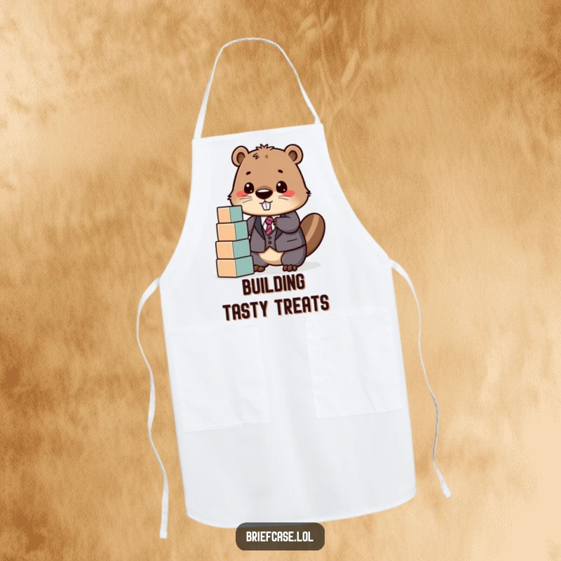 Funny apron featuring a determined beaver in a suit, happily stacking blocks, ideal for chefs who love humor and building.