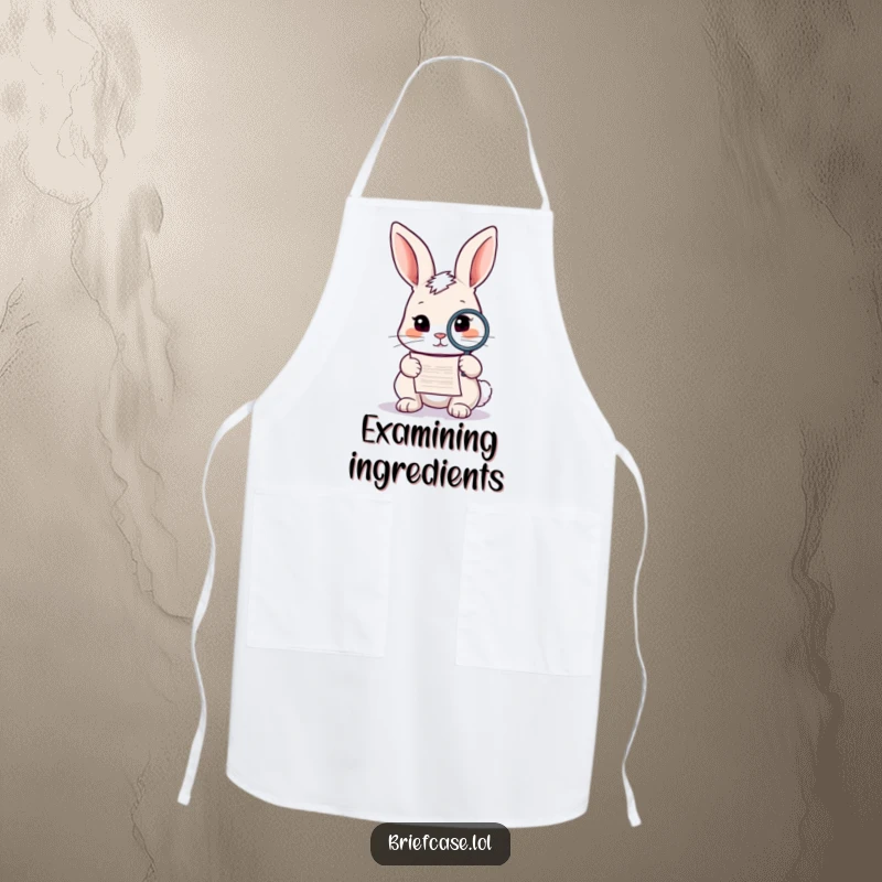 Funny rabbit apron, curious animal with magnifying glass examining a document while cooking, ideal for kitchen humor and funny gifts.