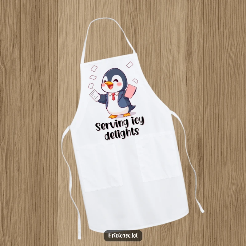 Funny apron featuring a cheerful penguin in a suit, playfully balancing papers, ideal for chefs who enjoy humor and organization.