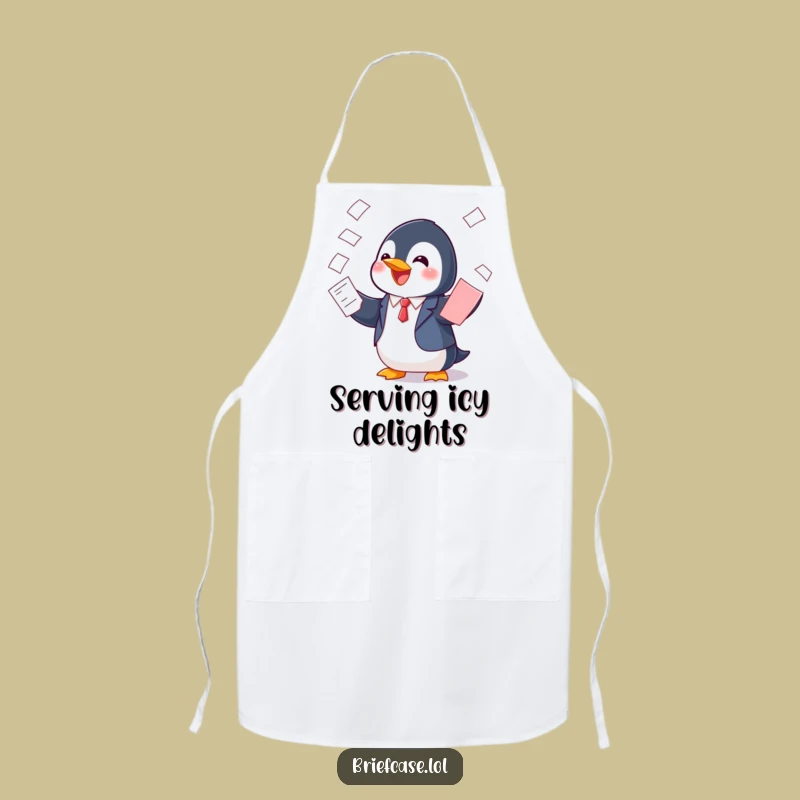 Funny Penguin in Suit Balancing Papers Apron: Cook with Cool, Collected Style