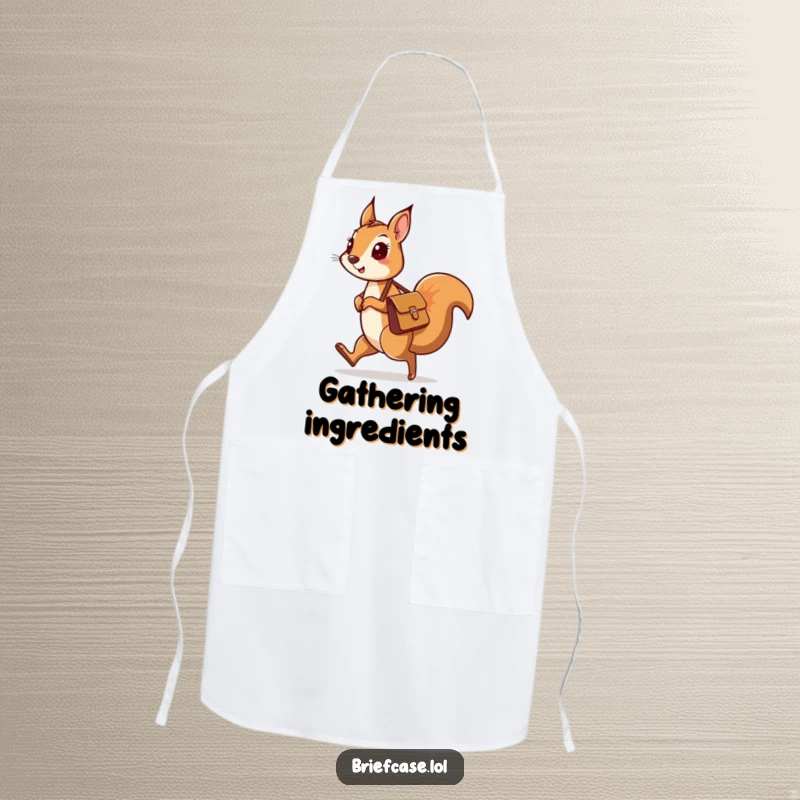 Funny apron showing a curious squirrel character with a messenger bag skipping along, ready for kitchen adventures.