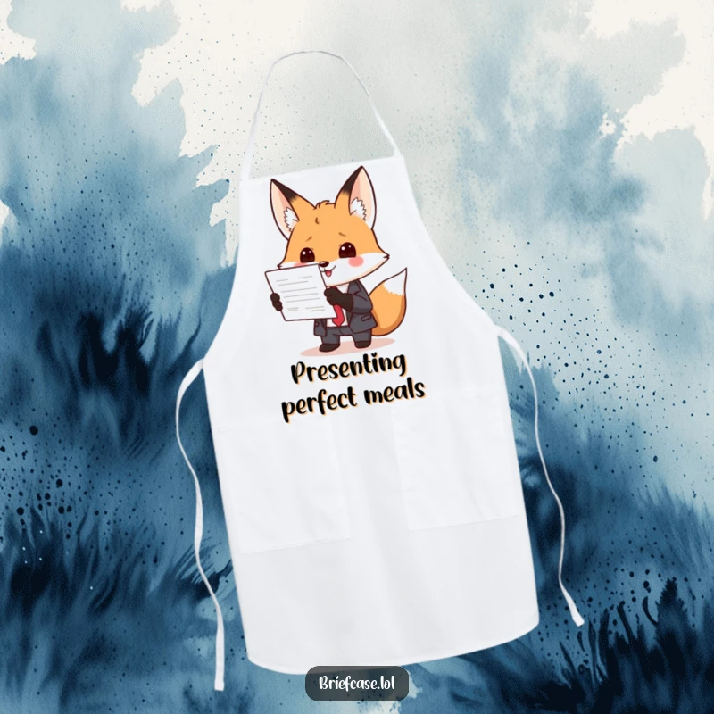 Funny apron featuring a clever fox in a suit, enthusiastically presenting a document, perfect for chefs who love humor and style.