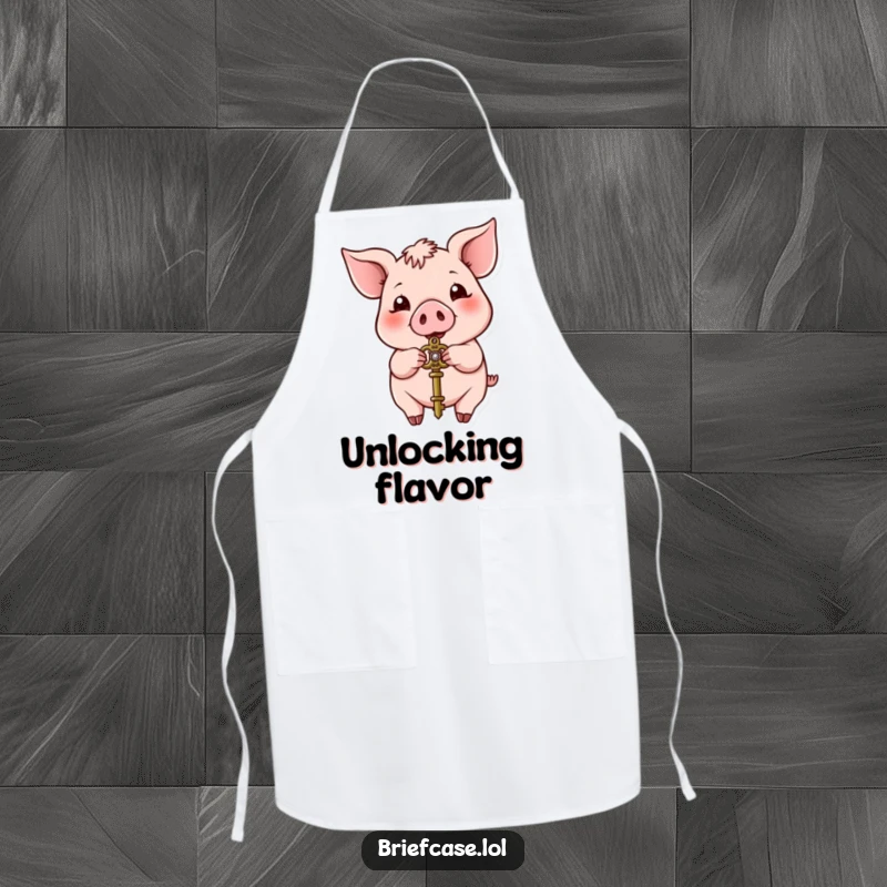Funny pig apron, happy animal presenting a small ornate key while cooking, ideal for kitchen humor and funny gifts.