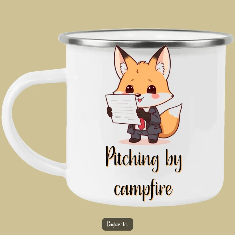 Adventure-Ready Funny Fox in Suit Presenting Document Camping Mug: Coffee for the Trailblazer