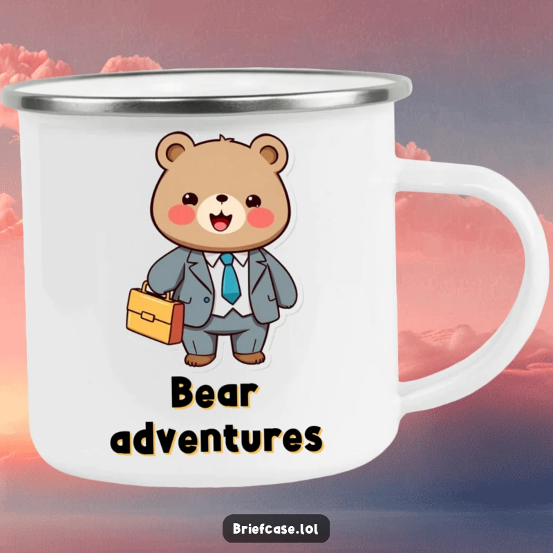 Funny camping mug featuring a cute, round bear in a suit, holding a briefcase, ready for the wilderness.