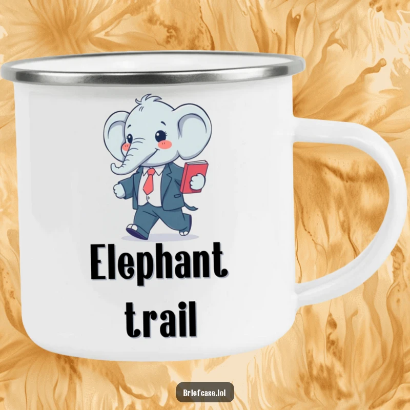 Funny camping mug featuring a happy, stylized elephant in a suit, confidently striding with a folder, ready for the outdoors.