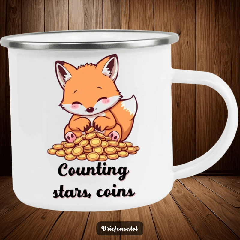 Funny fox camping mug, playful animal counting coins with paws during an outdoor adventure, perfect funny gift.