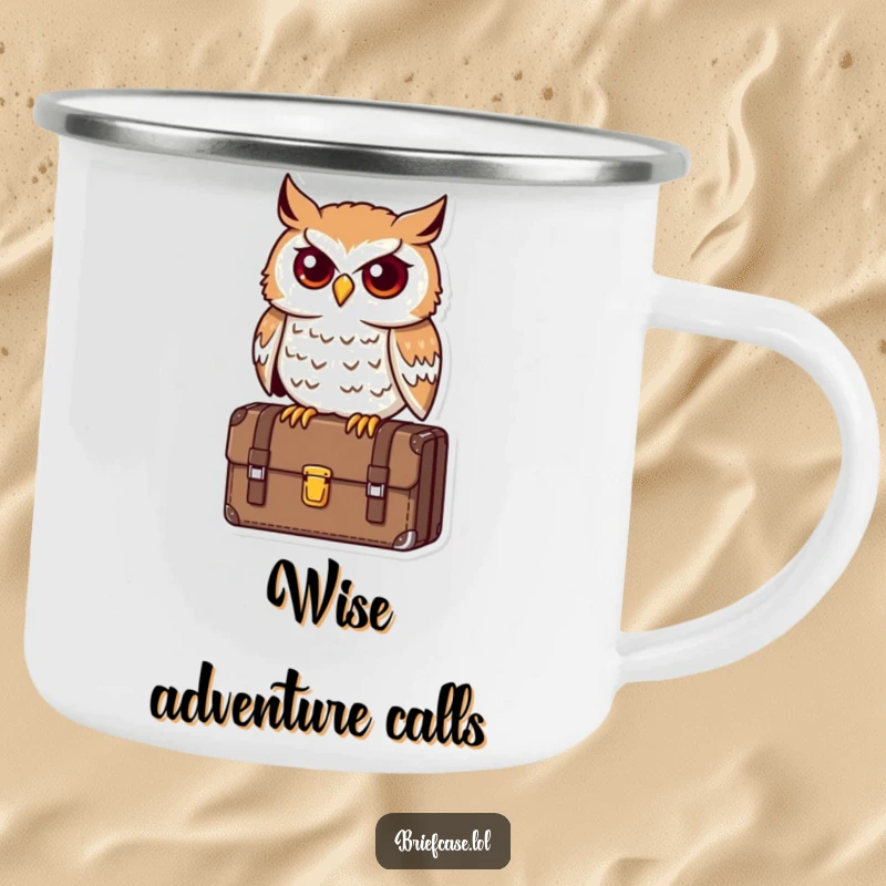 Funny owl camping mug, determined bird perched on a briefcase in the wild, looking astute, perfect funny gift.