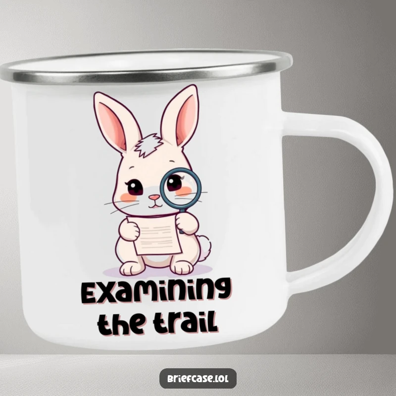 Funny rabbit camping mug, curious animal with magnifying glass examining a document in the wild, perfect funny gift.