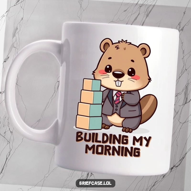 Funny mug showing a determined beaver in a suit happily stacking building blocks with a focused and cheerful expression.