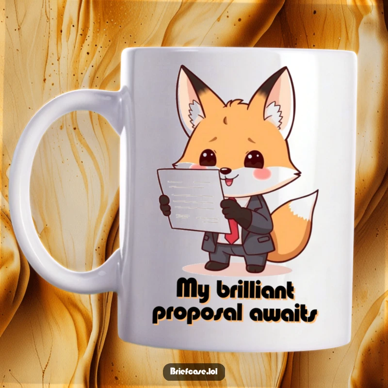Funny mug featuring a clever fox in a sharp suit, enthusiastically presenting a document with a confident and humorous expression.