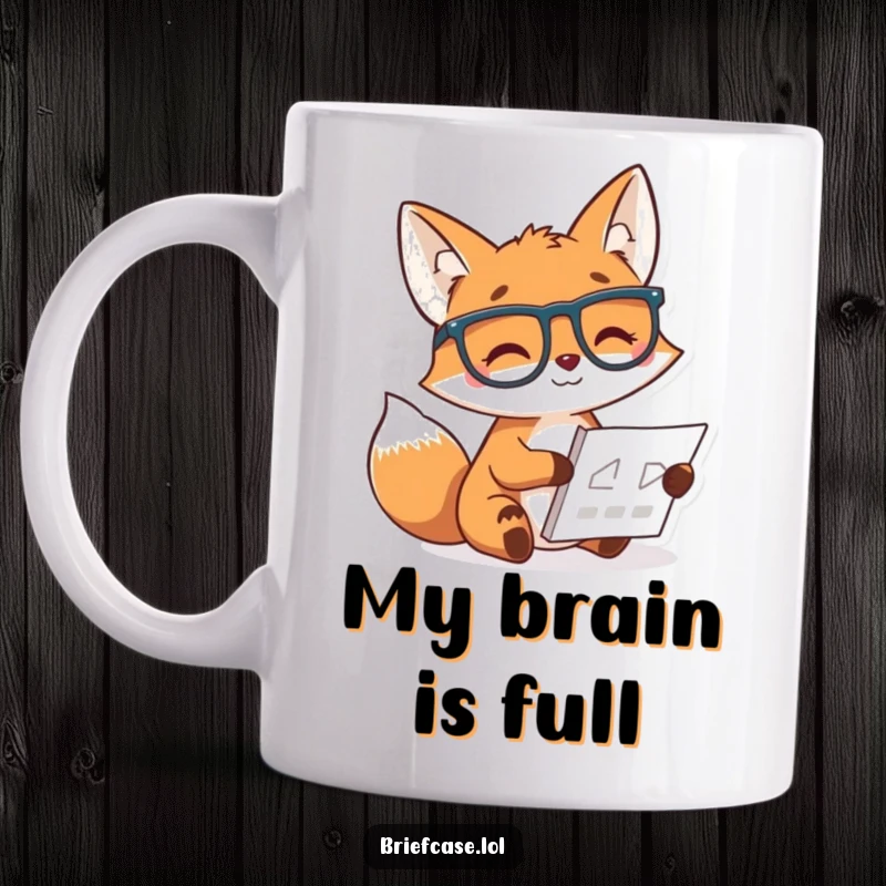 Funny mug featuring a smiling, bespectacled fox character intently studying a small chart, conveying academic joy and wit.