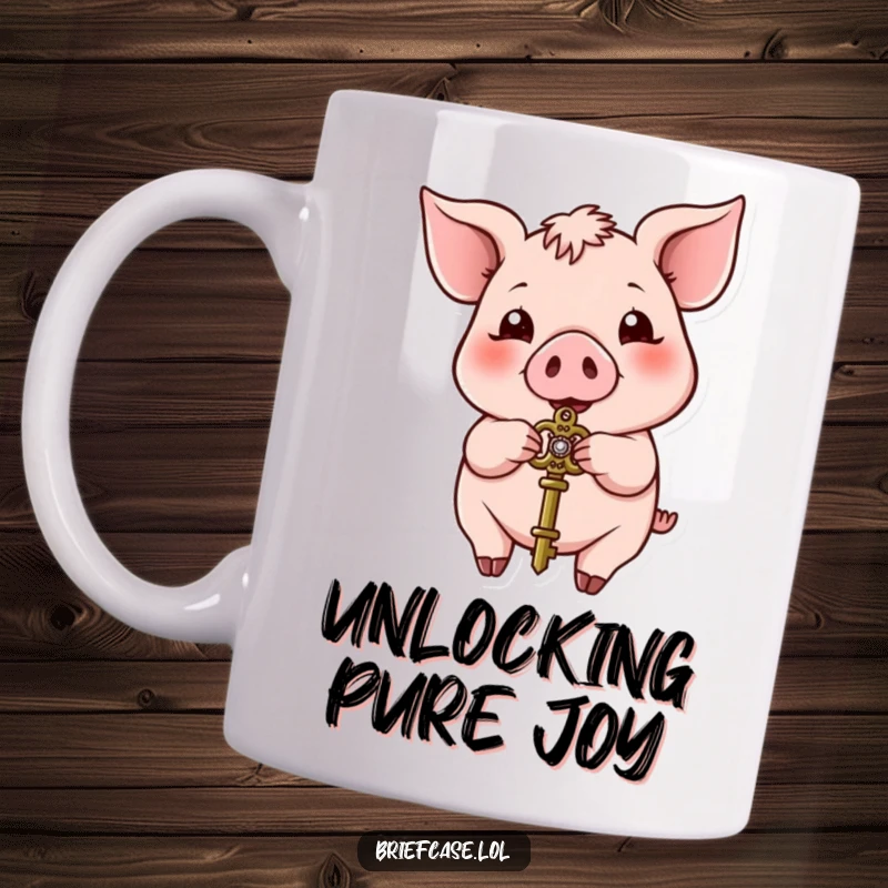 Funny pig mug, happy animal eagerly presenting a small ornate key, symbolizing access and humor, perfect funny gift.