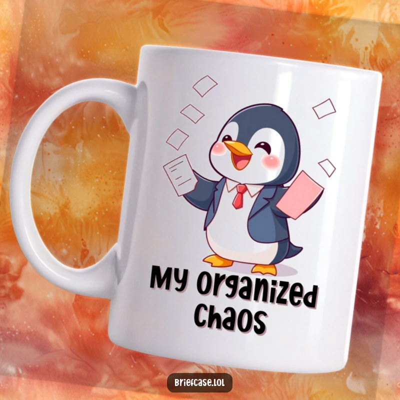 Funny mug showing a cheerful penguin in a suit playfully balancing a tall stack of papers with a determined yet happy expression.