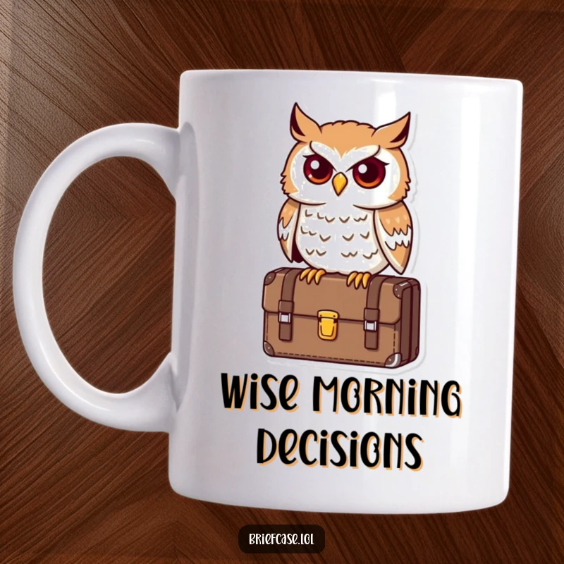 Funny owl mug, determined bird perched on a briefcase, looking astute and wise, symbol of success, perfect funny gift.