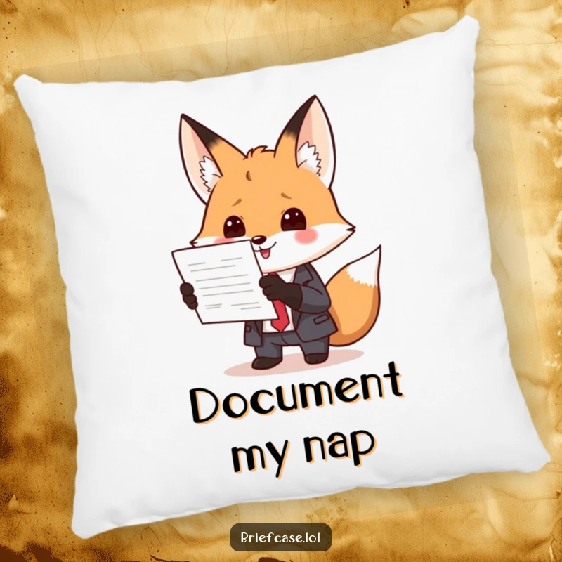 Funny pillow with a clever fox in a suit enthusiastically presenting a document, offering comfort and a humorous office-themed touch.