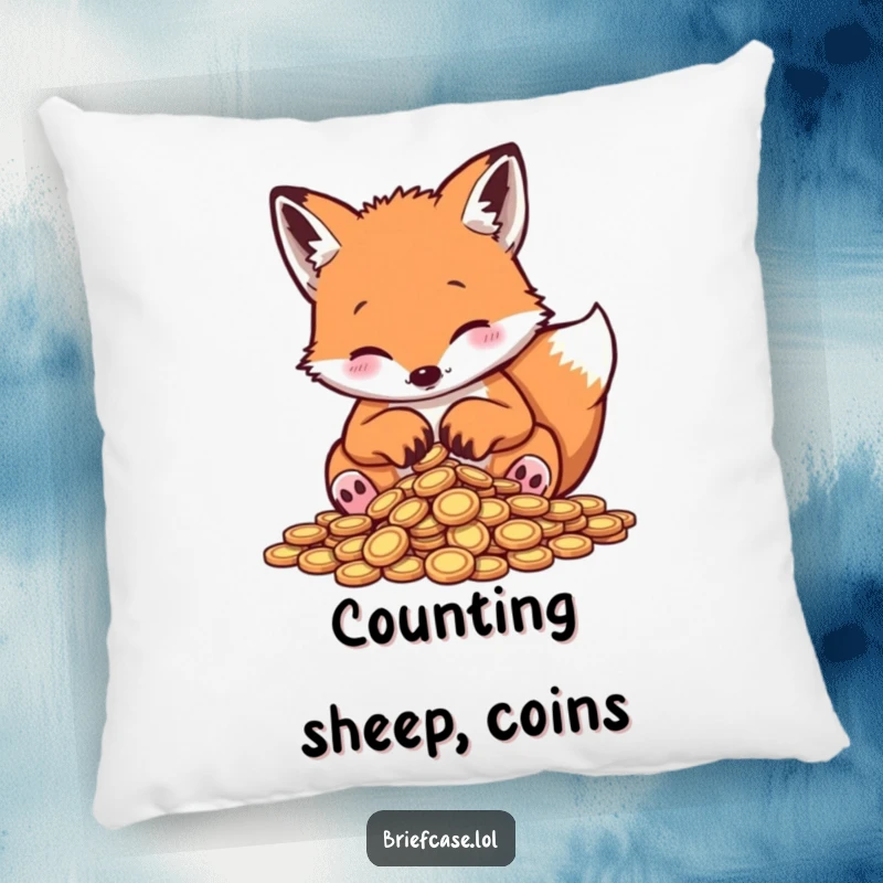Funny fox pillow, adorable animal sorting small coins with paws, plush home decor, perfect funny gift.