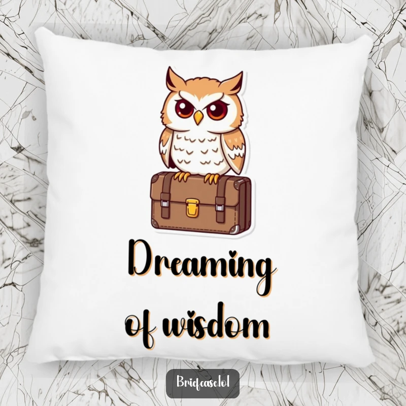 Funny owl pillow, determined bird perched on a briefcase, looking astute, plush comfort, perfect funny gift.