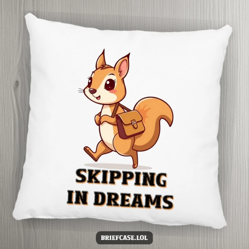 Funny pillow with a curious squirrel character wearing a messenger bag, skipping happily, perfect for adding whimsical comfort.