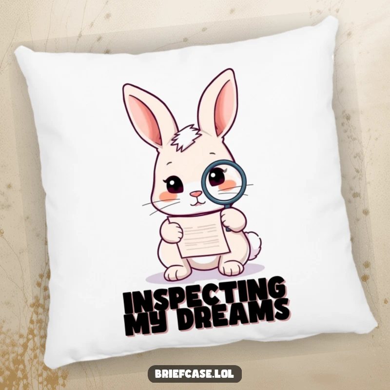 Funny rabbit pillow, curious animal with magnifying glass examining a document, plush comfort, perfect funny gift.