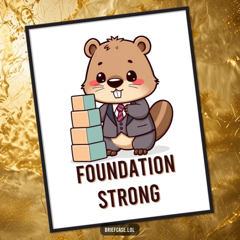 Digital funny art print of a determined beaver in a suit, happily stacking blocks, perfect for instant, humorous wall decor.