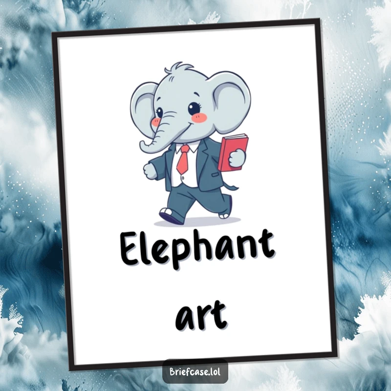 Funny digital art print of a happy, stylized elephant in a business suit, confidently striding with a folder, looking professional.