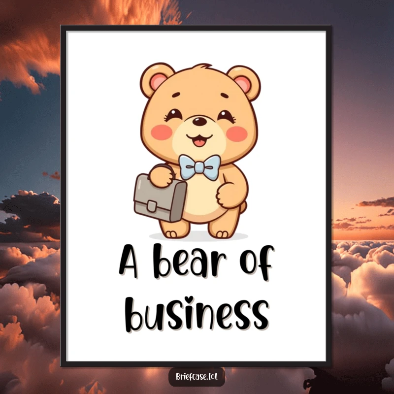 Funny Bear Cub digital art print of a happy, round bear cub in a bowtie confidently holding a briefcase, for digital display.