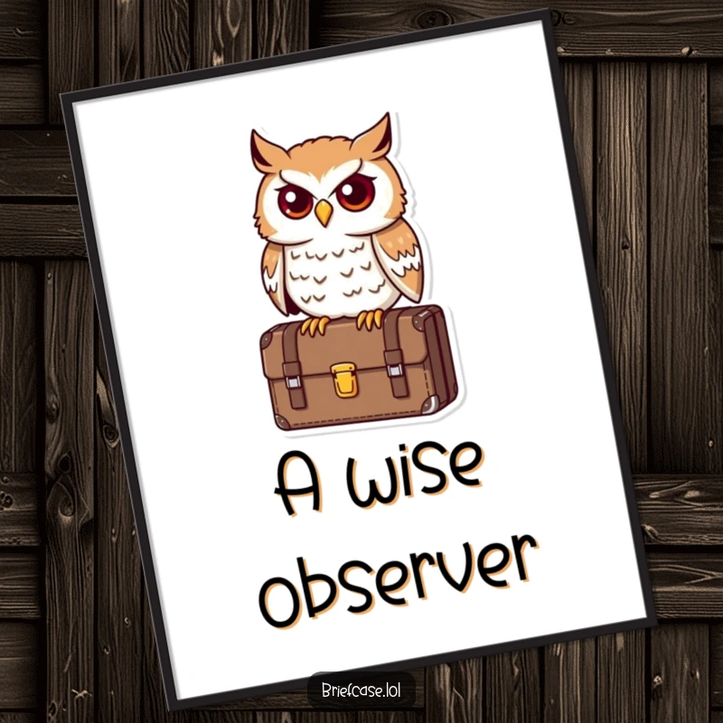 Funny owl digital art print, determined bird perched on a briefcase, looking astute and wise, symbol of success, hilarious decor.