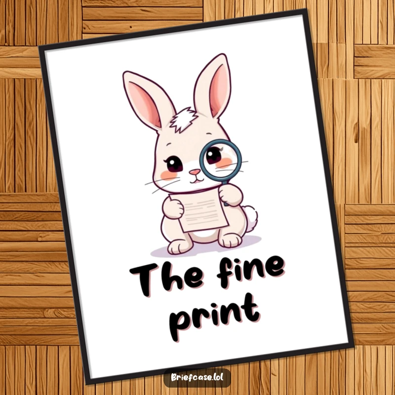 Funny rabbit digital art print, curious animal holding a magnifying glass over tiny document, symbol of investigation, hilarious decor.