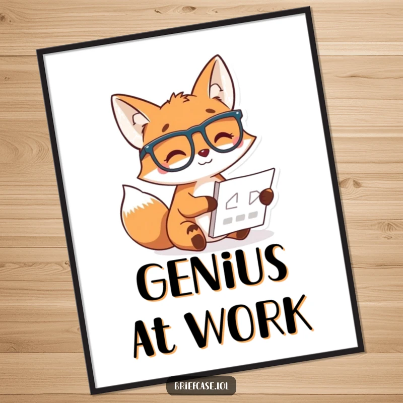 Funny digital art print of a cheerful fox character wearing glasses, smiling while studying a small chart, conveying wit.