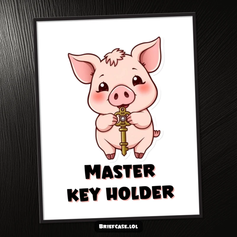 Funny pig digital art print, happy animal presenting a small ornate key, symbol of opportunity, hilarious wall decor.