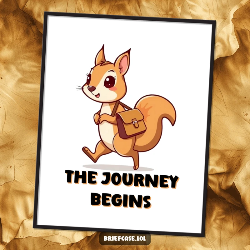 Funny digital art print of a curious squirrel character with a messenger bag skipping along, embodying adventure and whimsy.