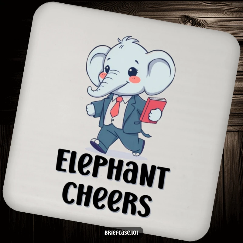 Funny drink coaster with a happy, stylized elephant in a suit, confidently striding with a folder, protecting surfaces.