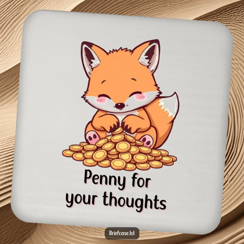 Funny fox coaster, playful animal sorting tiny coins with paws, protecting surfaces, ideal funny gift.