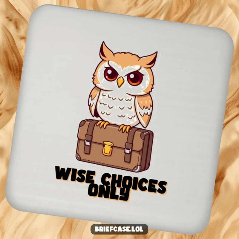 Funny owl coaster, determined bird perched on a briefcase, looking astute, protecting surfaces, ideal funny gift.