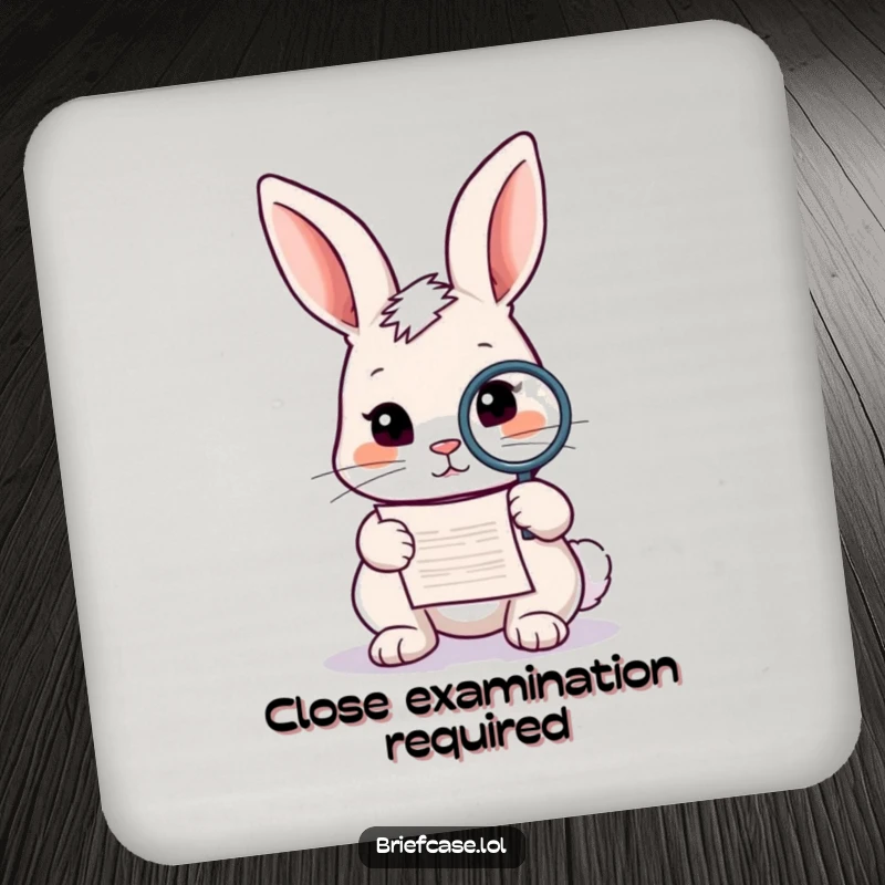 Funny rabbit coaster, curious animal holding a magnifying glass over a small document, protecting surfaces, ideal funny gift.