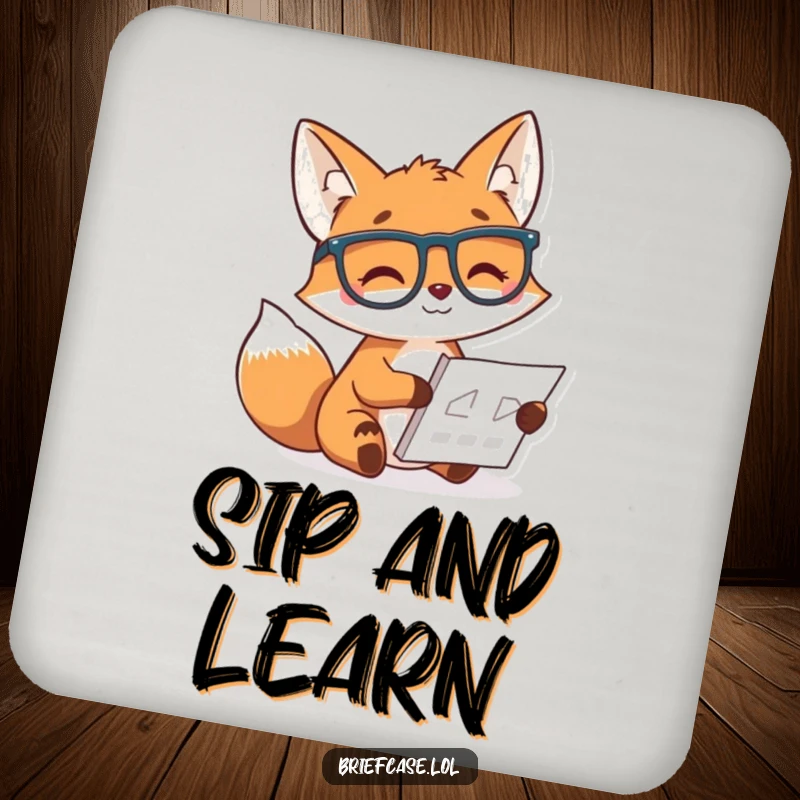 Funny drink coaster featuring a cheerful fox in glasses studying a chart, adding a smart, humorous touch to tabletops.
