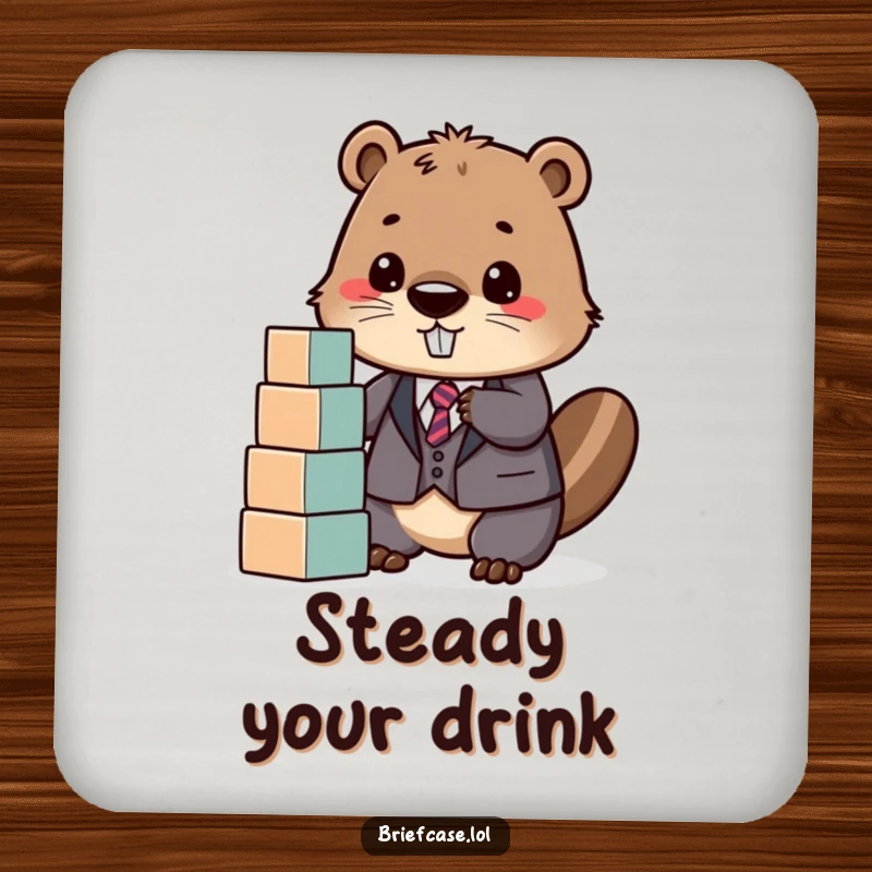 Funny drink coaster showing a determined beaver in a suit, happily stacking blocks, protecting surfaces with humorous, construction-themed flair.