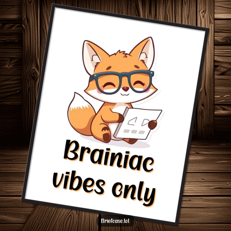 Funny poster featuring a cheerful, bespectacled fox character studying a small chart with a delightful smile, perfect for study rooms.