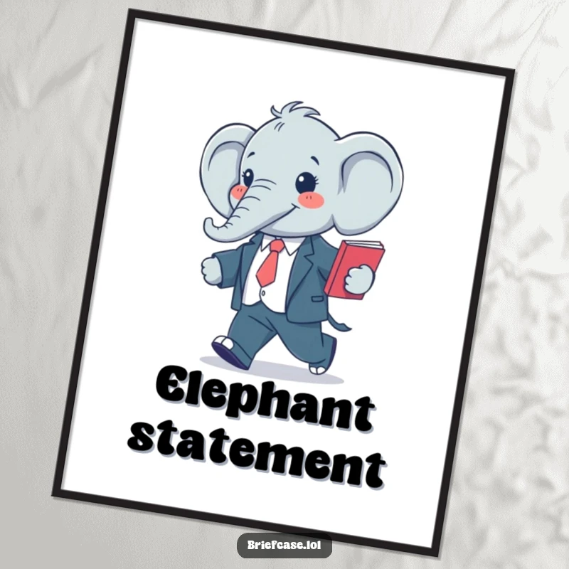 Funny art poster of a happy, stylized elephant in a business suit, confidently striding with a folder, looking determined.