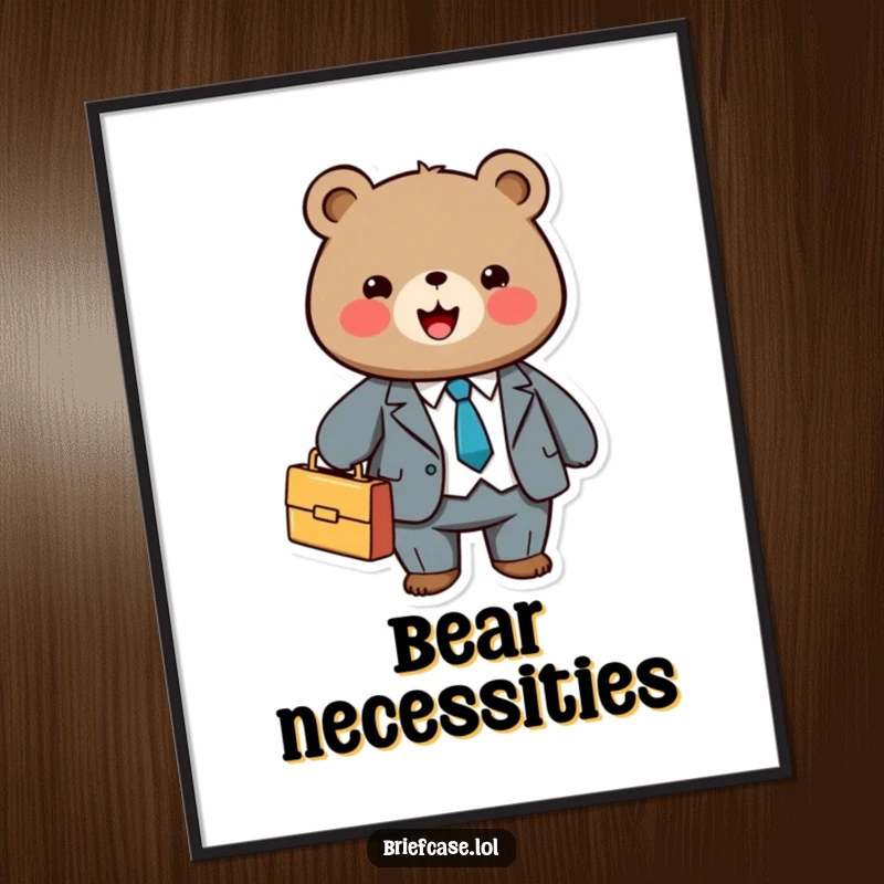 Funny art poster of a cute, round bear in a business suit, joyfully holding a briefcase, looking sharp.