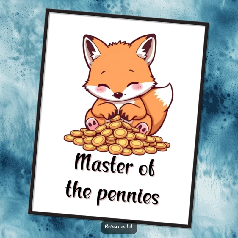 Funny fox poster, playful animal meticulously sorting tiny coins with paws, charming wall art, ideal funny gift.