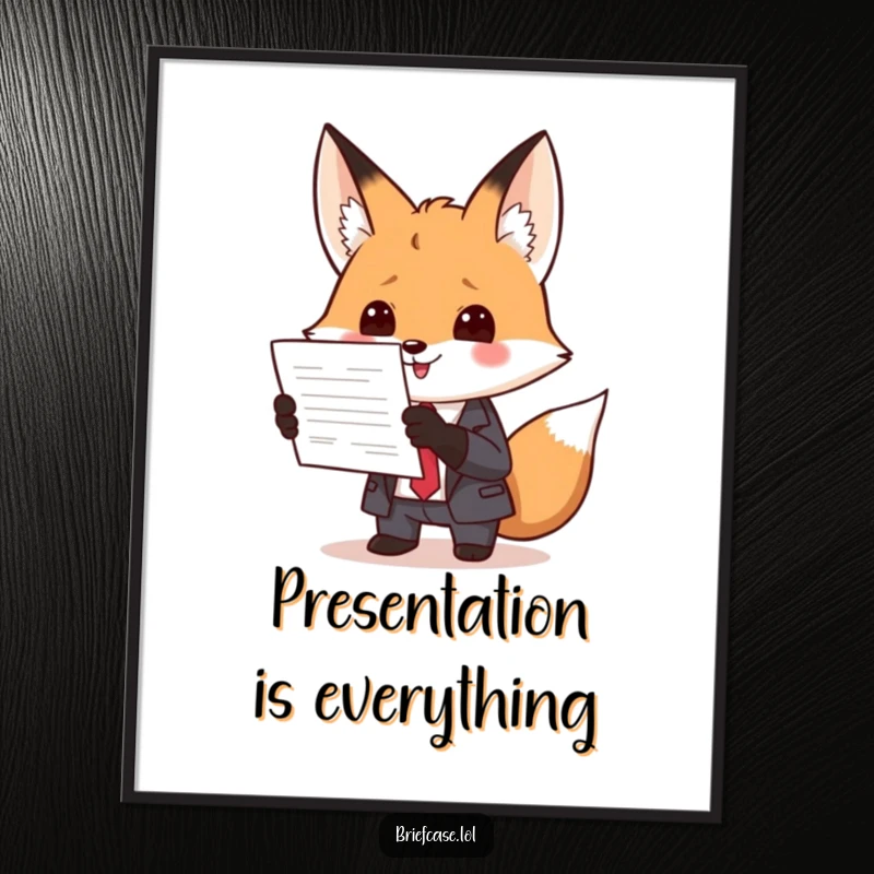 Funny poster featuring a clever fox in a suit, enthusiastically presenting a document, bringing a humorous and artistic office vibe.