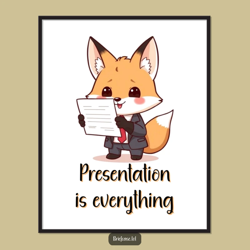 Funny Fox in Suit Presenting Document Poster: Decorate Your Space with Business Wit