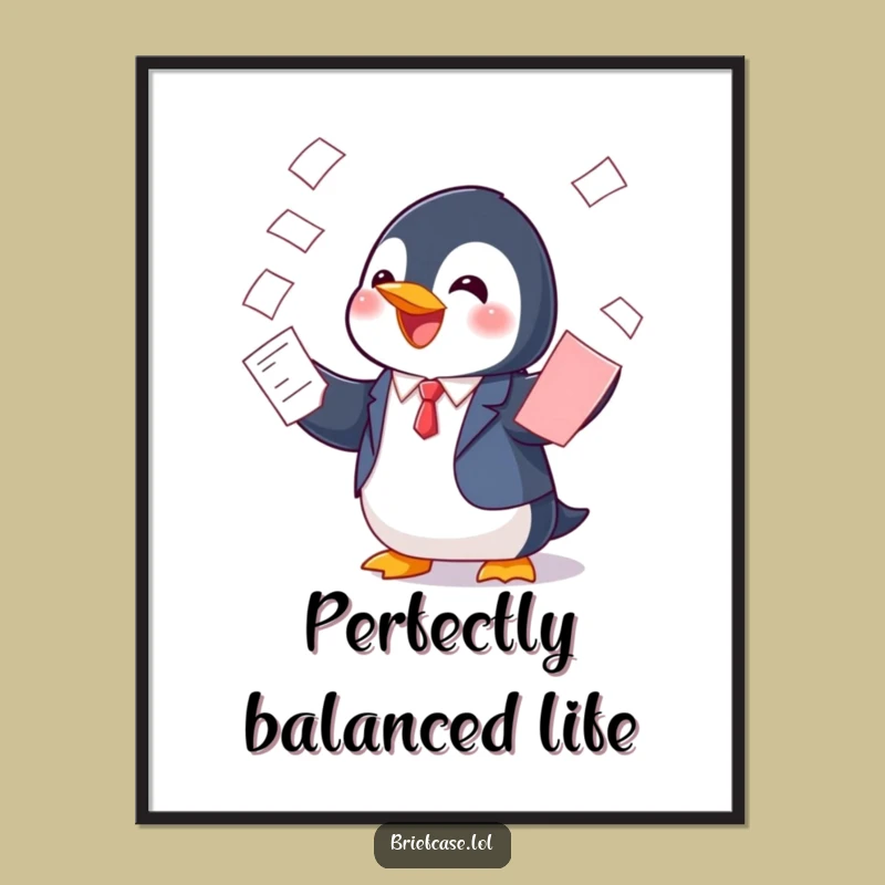 Funny Penguin in Suit Balancing Papers Poster: Add Whimsy to Your Walls