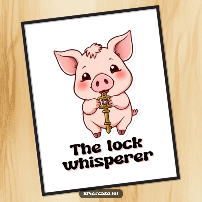 Funny pig poster, happy animal eagerly presenting a small ornate key, symbol of access and joy, ideal funny gift.