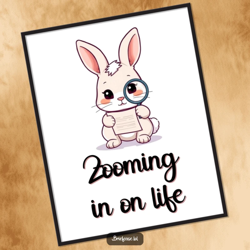 Funny rabbit poster, curious animal holding a magnifying glass over a small document, detailed investigation, ideal funny gift.