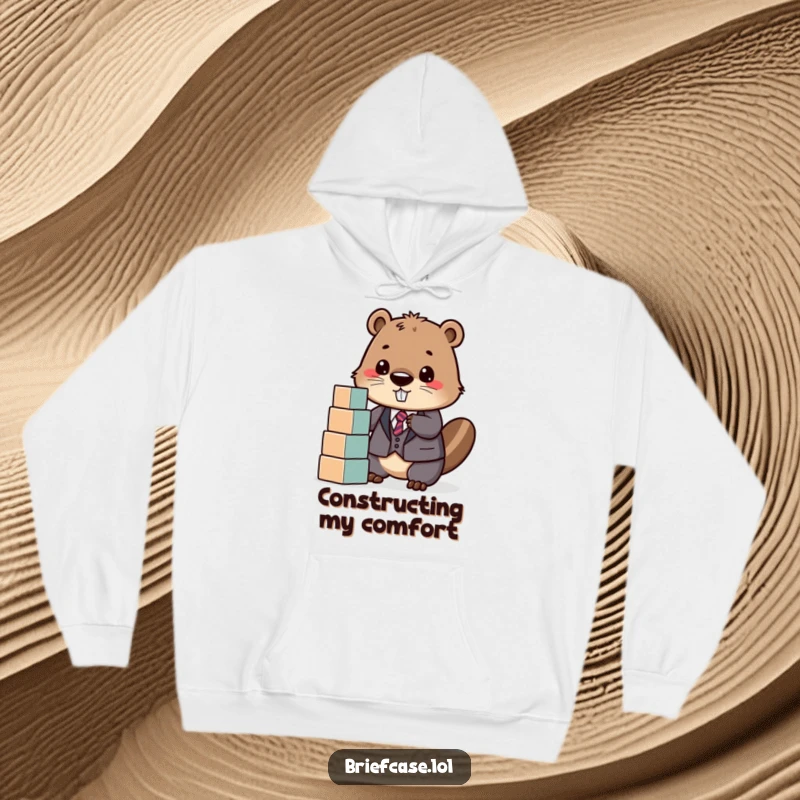 Funny hoodie featuring a determined beaver in a suit, happily stacking blocks, offering warmth and a humorous, industrious vibe.