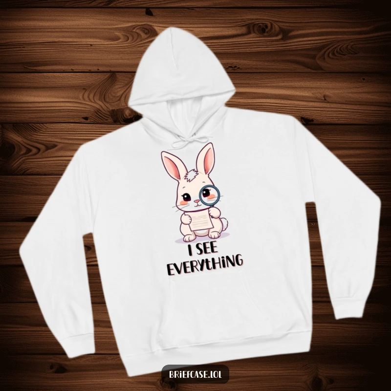 Funny rabbit hoodie, curious animal holding a magnifying glass over a document, cozy and intellectual, perfect funny gift.